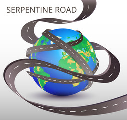 Planet Earth with many intertwined roads. Freight and logistic technologies, winding roads. Vector illustration. Transportation concept for web banners and infographics