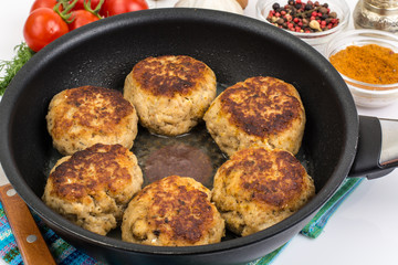 Tasty fried chops in frying pan