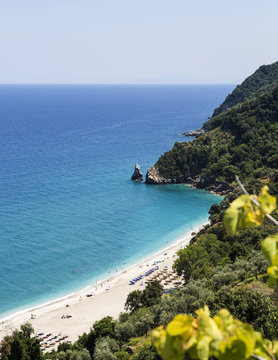 View over Agioi Saranta beach, Pelion peninsula, Greece.