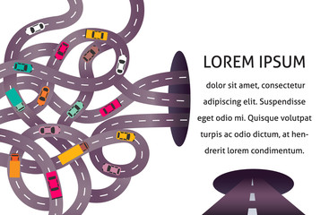 Vector illustration with city map, roads cars, truck and pin pointers. Picture of traffic jam for banner, brochure. Vector illustration with intertwining