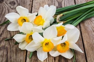 Bouquet of daffodils on wooden background