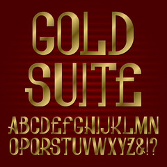 Presentable retro style font. Golden capital letters. Isolated english alphabet with text Gold Suite.