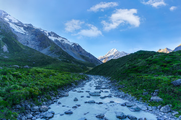 Beautiful scenery of Hooker Valley Track , the most popular short walking track within the Aoraki/Mount Cook National Park , South Island of New Zealand