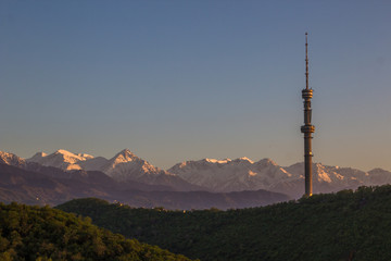 Fototapeta premium Kok Tobe hill and mountains view in spring, Almaty, Kazakhstan