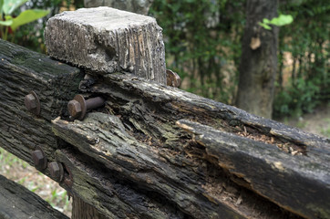 Closeup of decayed worn wooden fence
