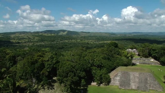 Pan from left to right from the top of temple El Castillo at Xunantunich archaeological site in Belize