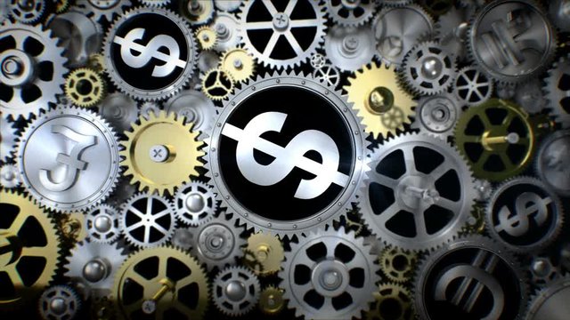 Rotating dollar currency sign in gear unit with various currency sign. 
