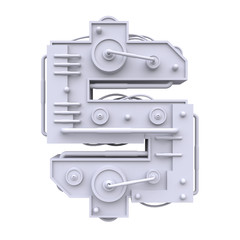 Iron mechanical dollar symbol isolated on white background. Futuristic industrial metal alphabet in sci fi or steampunk style. Realistic 3d render.