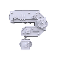 Iron mechanical question mark isolated on white background. Futuristic industrial metal alphabet in sci fi or steampunk style. Realistic 3d render.