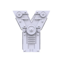 Iron mechanical letter isolated on white background. Futuristic industrial metal alphabet in sci fi or steampunk style. Realistic 3d render.