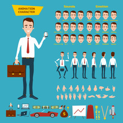 Big set for the animation of a businessman character on a white background. Animation of sounds, emotions, gestures of hands. View straight, side, back, 3/4.