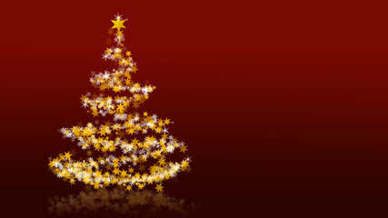 Christmas tree with glittering stars on red background