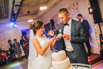 Bride and Groom at Wedding Reception Cutting the Wedding Cake and eat