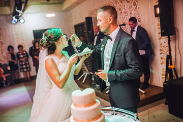 Bride and Groom at Wedding Reception Cutting the Wedding Cake and eat