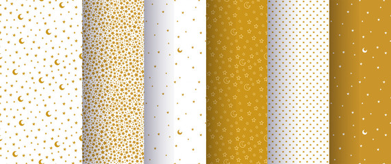 Set of seamless simple abstract patterns with gold or yellow stars and moons on white background. - obrazy, fototapety, plakaty