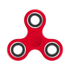 Red colorful fidget spinner with silver bearings on a white background. Modern children's hand spinning toy