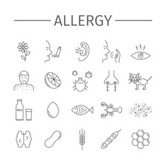 Allergy. Causes, symptoms. Line icons set. Vector signs