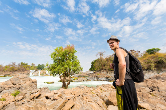 Tourist on Khone Phapheng waterfall