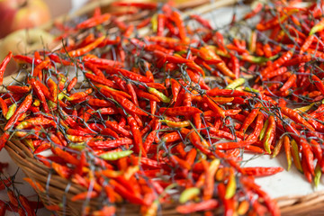 Red chili pepper (piri-piri) on famous market in Funchal (Mercado dos Lavradores), Madeira island, Portugal