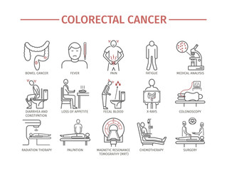 Colorectal Cancer Symptoms. Diagnostics. Line icons set. Vector signs