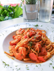 Pasta with Shrimp Dinner Dish on a the table