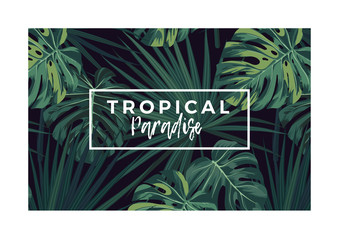 Naklejka premium Dark vector tropical typography design with green jungle palm leaves.