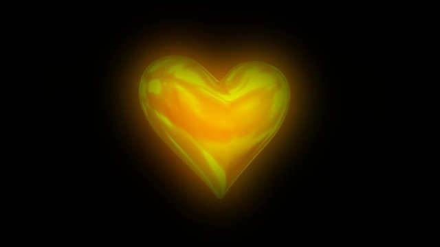 Animated spinning glowing gold heart against black background. Full 360 spin and
