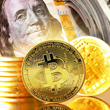 Golden Bitcoins close-up.Dollars currency as a background. Photo (new virtual money ) .Conceptual photo. 