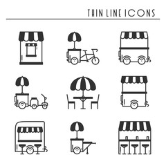 Street food retail thin line icons set. Food truck, kiosk, trolley, wheel market stall, mobile cafe, shop, tent, trade cart. Vector style linear icons. Isolated illustration. Symbols silhouette