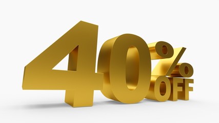 3D rendering golden discount 40 percent off on white background