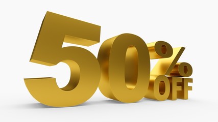 3D rendering golden discount 50 percent off on white background