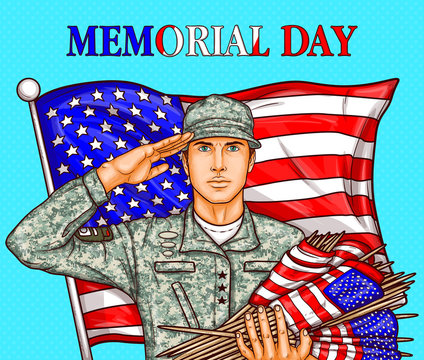 Vector pop art patriotic illustration a male soldier render military salute against a fluttering American flag. It can be used for Independence Day, Memorial Day and Flag Day