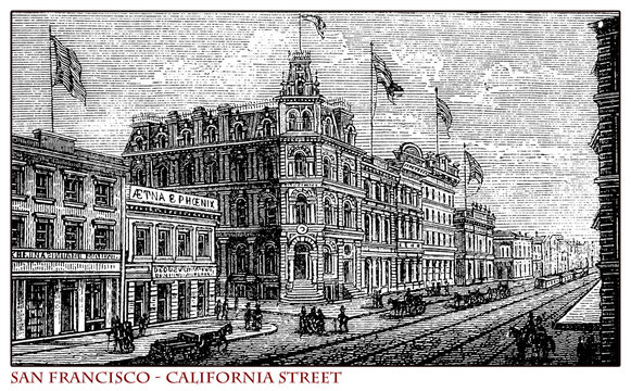 California, San Francisco California street, engraving from year 1873 before the 1906 earthquake which destroyed over 80% of the city