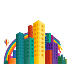 Cityscape with colorful buildings, balloon and rainbow, eps10 vector