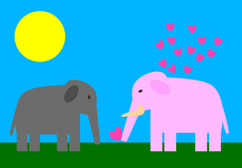 Enamored pink male elephant gives a heart to female elephant
