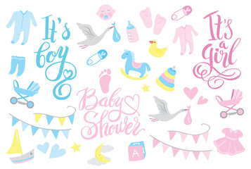 Girl and boy rattle shower invitation, lettering design illustration