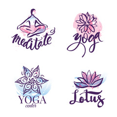 Set of yoga studio and meditation class logo, icons and design elements. Health care, sport and fitness design elements