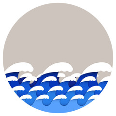 Paper art style of sea or ocean waves. Circle format. Editable banner and background. Vector illustration.