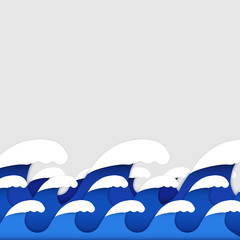 Paper art style of sea or ocean waves. Square format. Editable banner and background. Vector illustration.