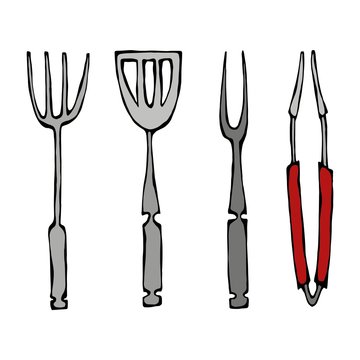 Baking Equipment or Barbeque Tools. Tongs for BBQ, Fork and Spatula. Isolated On a White Background. Realistic Doodle Cartoon Style Hand Drawn Sketch Vector Illustration.