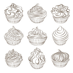Set of cupcake sketch on white.