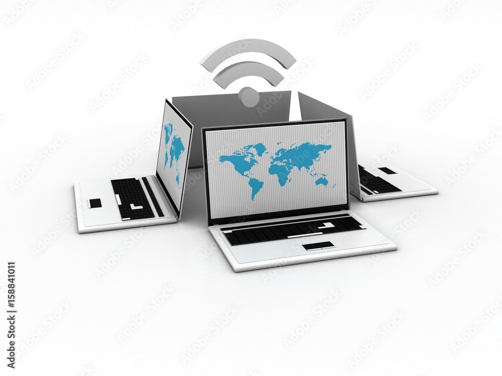 Poster 3d rendering laptop with wifi