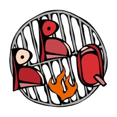 BBQ Lettering on the Grill with Fire. Barbecue Steak Logo. Isolated On a White Background. Realistic Doodle Cartoon Style Hand Drawn Sketch Vector Illustration.