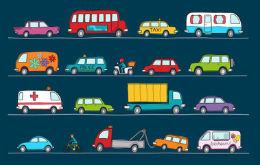 Hand drawn doodle cartoon collection of colorful cars and transportation