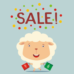 Poster seasonal sale. Funny sheep runs with packs for sale. Banner for sale of products for children and christmas sale with sheep in cartoon style.
