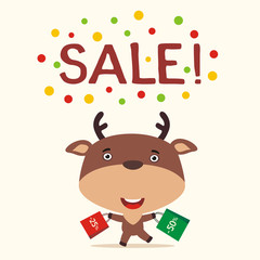 Poster seasonal sale. Funny reindeer runs with packs for sale. Banner for sale of products for children and christmas sale with reindeer in cartoon style.