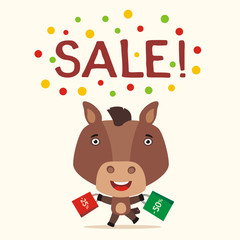 Poster seasonal sale. Funny horse runs with packs for sale. Banner for sale of products for children with horse in cartoon style.
