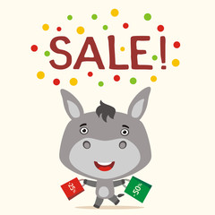 Obraz na płótnie Canvas Poster seasonal sale. Funny donkey runs with packs for sale. Banner for sale of products for children with donkey in cartoon style.