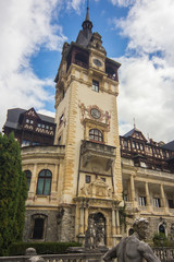 close view at main towet of the Peles Castle, Sinaia, Romania, Europe