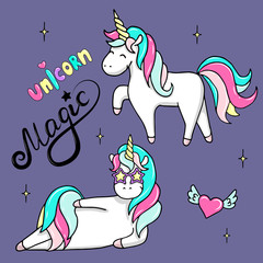 Hand drawn illustration of magic unicorns. Vector isolated illustration